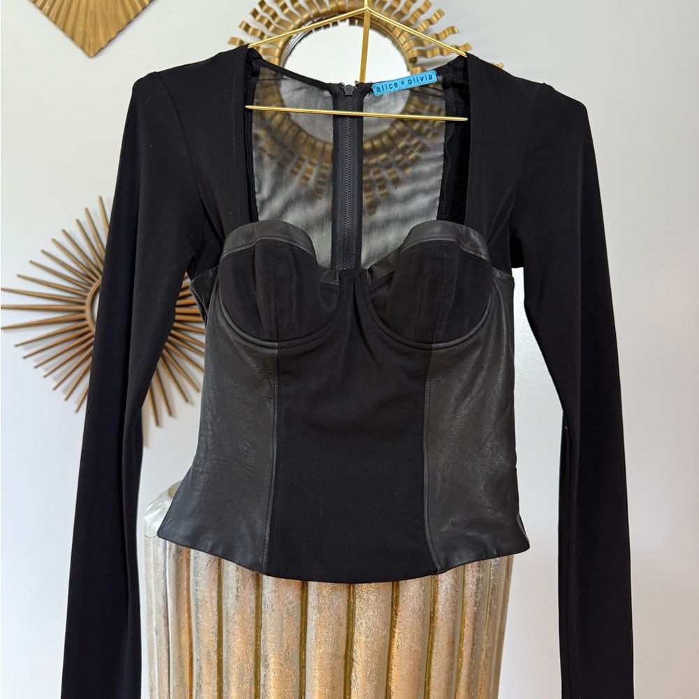 Alice + Olivia Black Bustier Top with Leather Detail